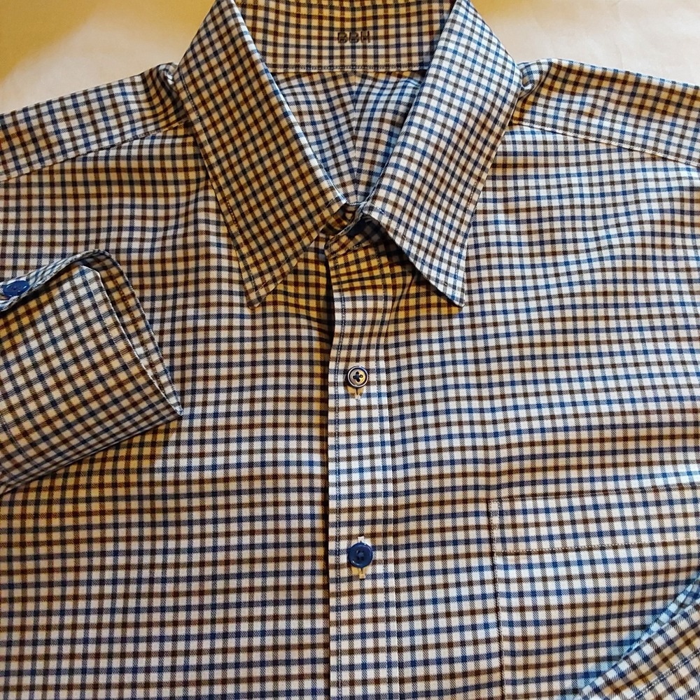 J Hilburn Mens Designer Custom Non Iron Dress Shirt 17 35-36 Blue & Brown Check